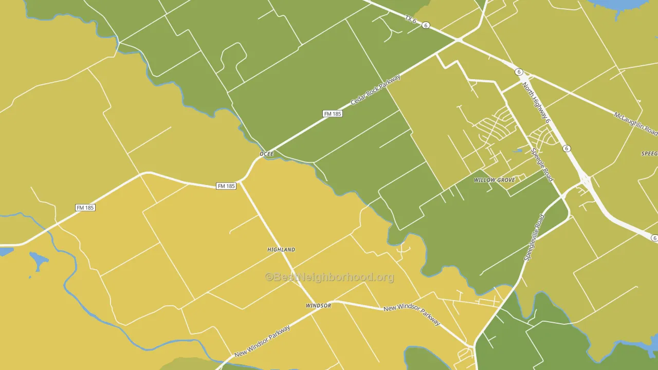 Map of the best neighborhoods in the Ocee area, with better matches in green and worse matches in red