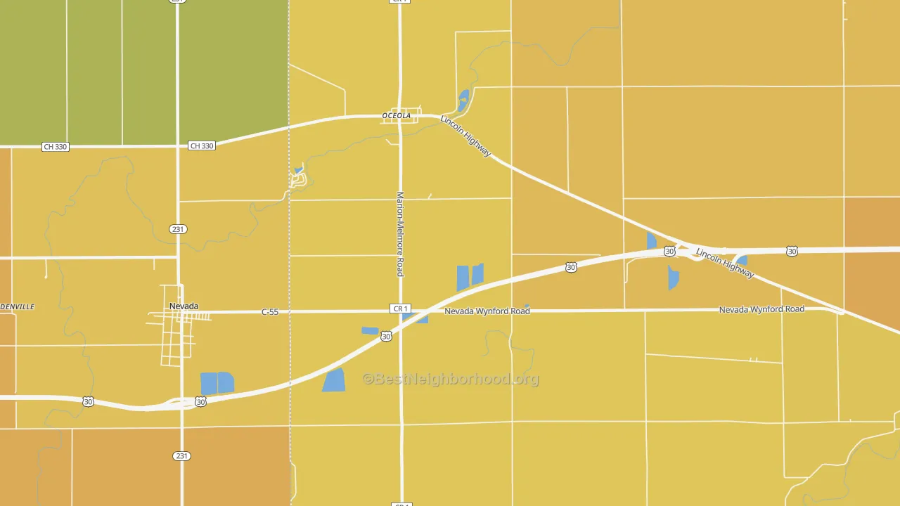 Map of the best neighborhoods in the Oceola area, with better matches in green and worse matches in red