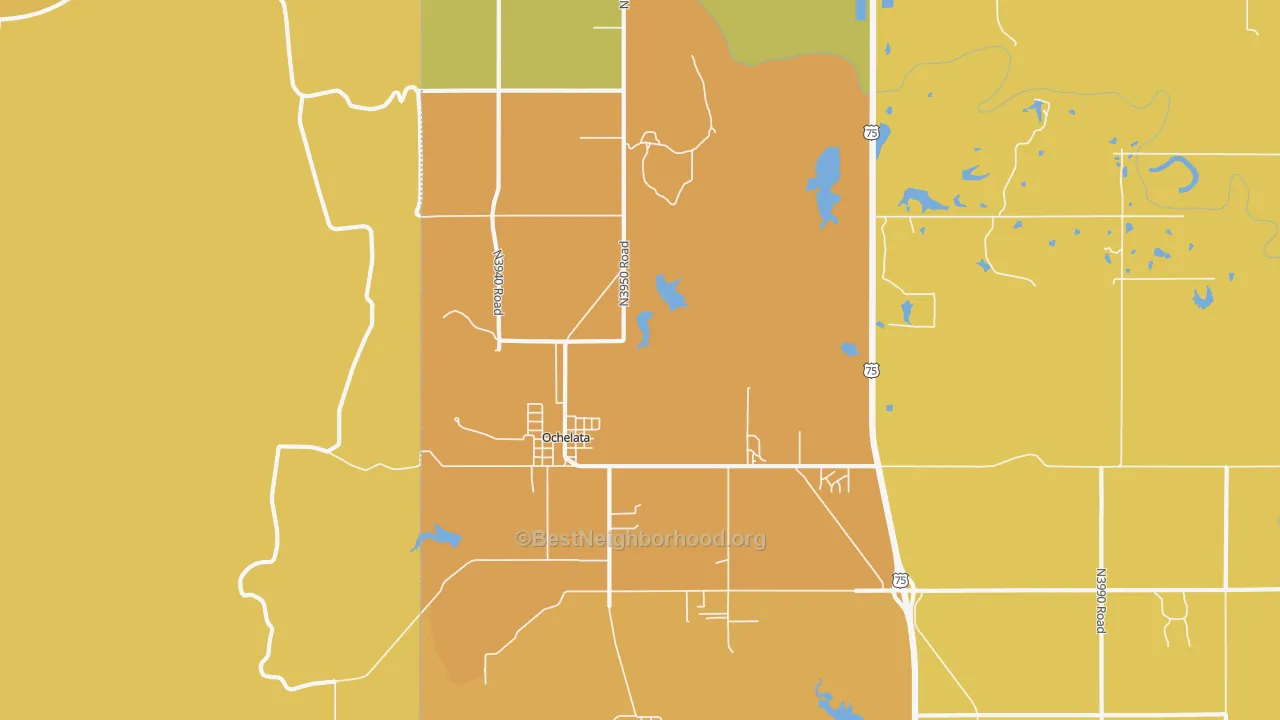 Map of the best neighborhoods in the Ochelata area, with better matches in green and worse matches in red