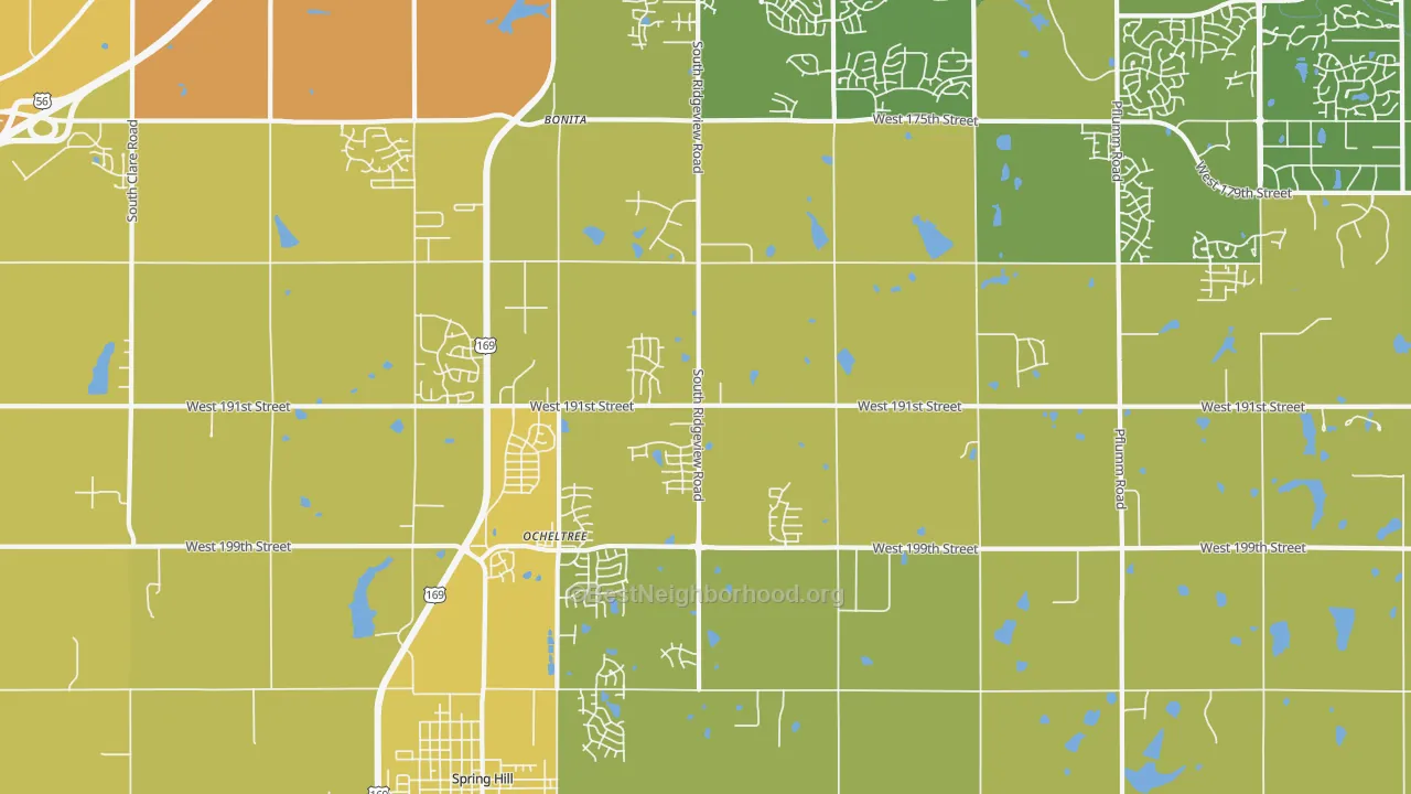 Map of the best neighborhoods in the Ocheltree area, with better matches in green and worse matches in red