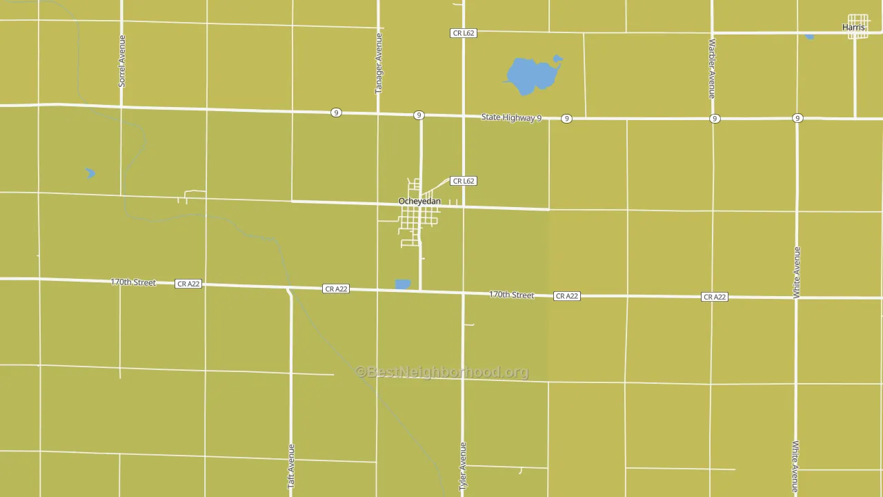 Map of the best neighborhoods in the Ocheyedan area, with better matches in green and worse matches in red