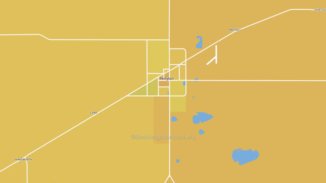 Map of the best neighborhoods in the Ochiltree County area, with better matches in green and worse matches in red