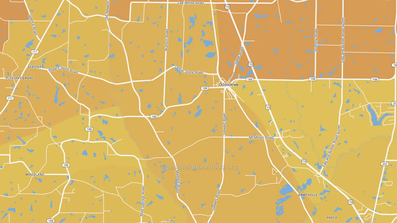 Map of the best neighborhoods in the Ochlocknee area, with better matches in green and worse matches in red