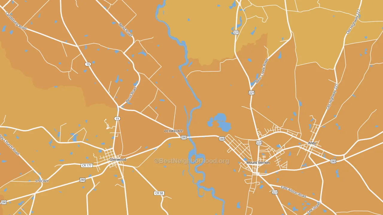 Map of the best neighborhoods in the Ochwalkee area, with better matches in green and worse matches in red