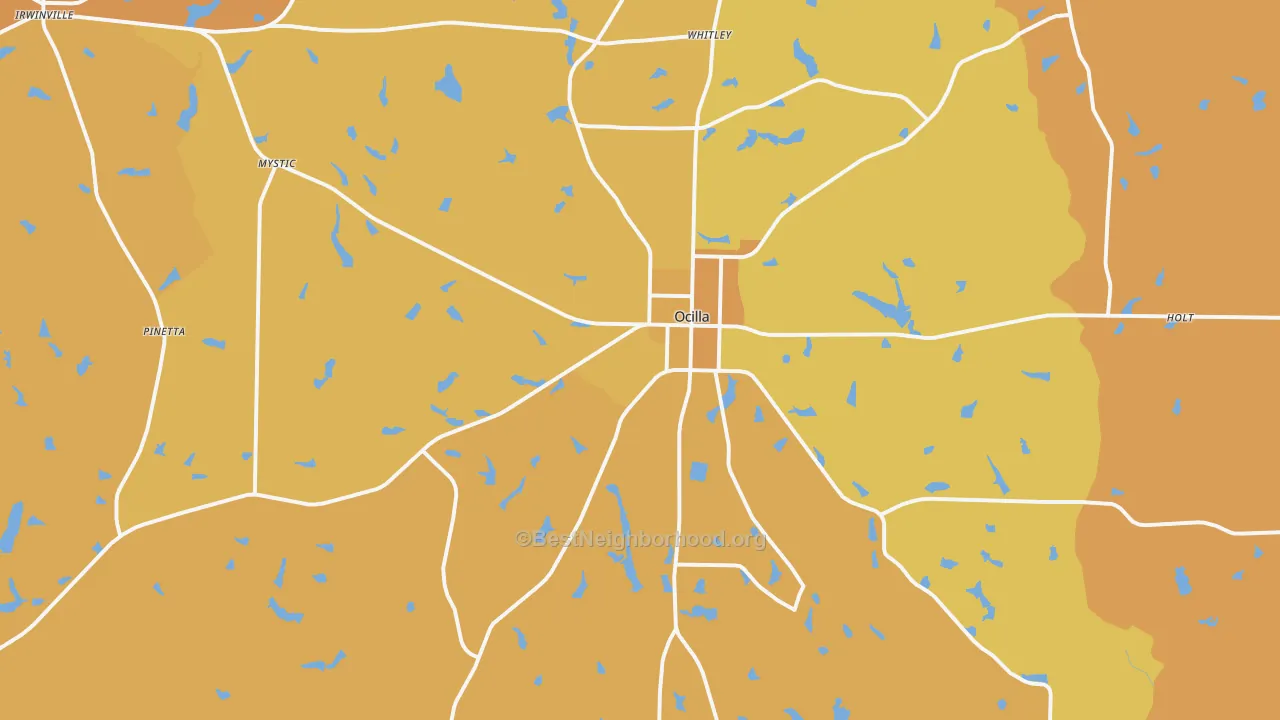 Map of the best neighborhoods in the Ocilla area, with better matches in green and worse matches in red