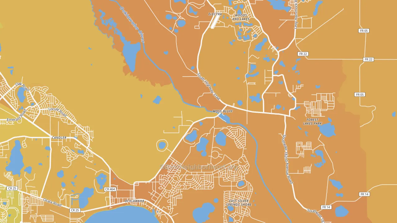 Map of the best neighborhoods in the Ocklawaha area, with better matches in green and worse matches in red