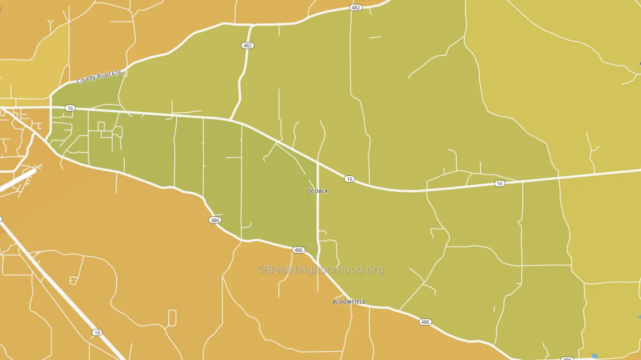 Map of the best neighborhoods in the Ocobla area, with better matches in green and worse matches in red
