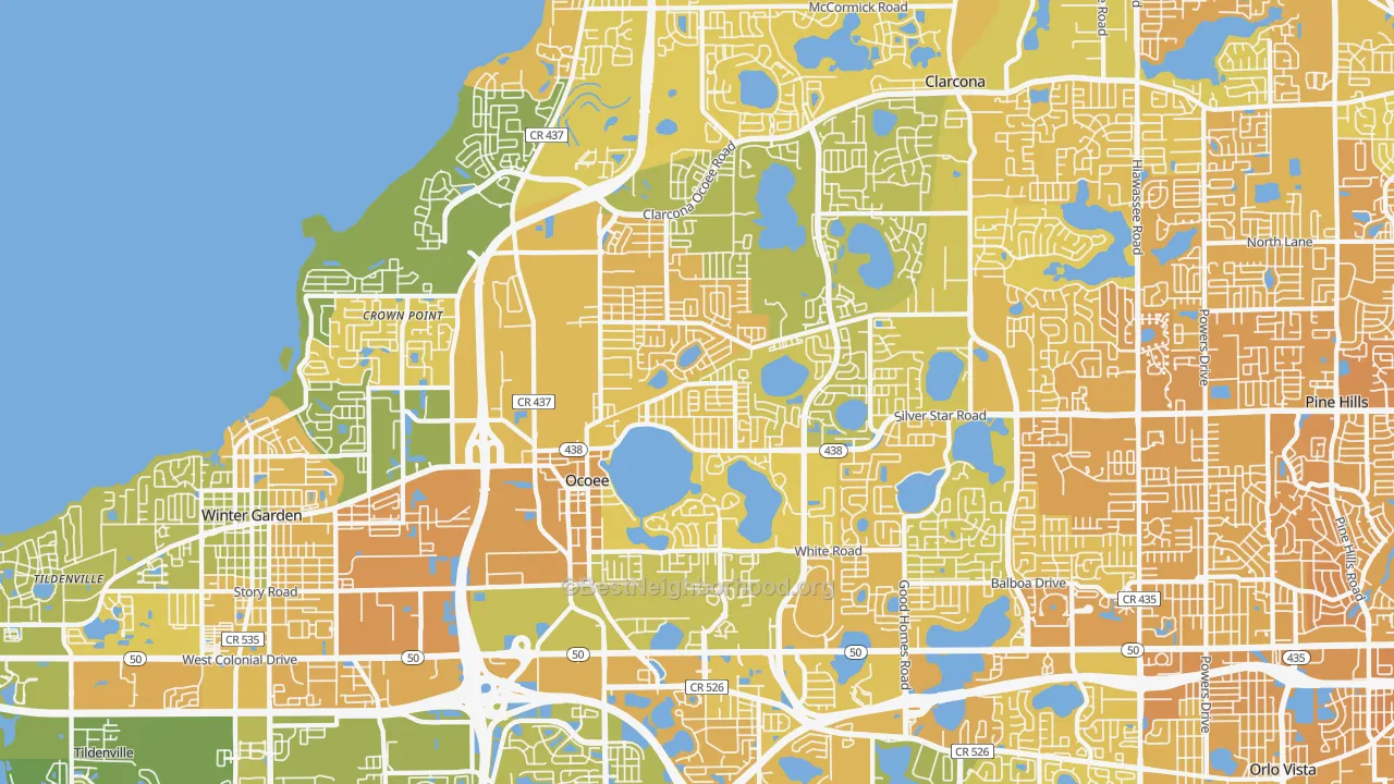 Map of the best neighborhoods in the Ocoee area, with better matches in green and worse matches in red