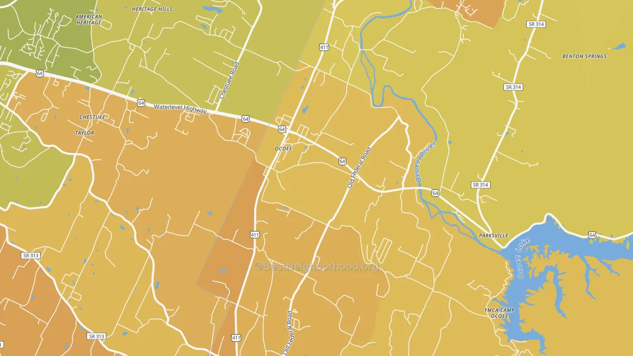 Map of the best neighborhoods in the Ocoee area, with better matches in green and worse matches in red