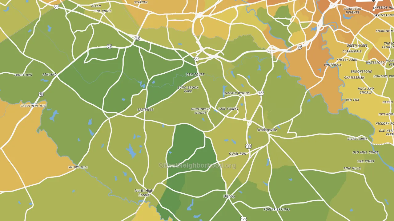 Map of the best neighborhoods in the Oconee County area, with better matches in green and worse matches in red