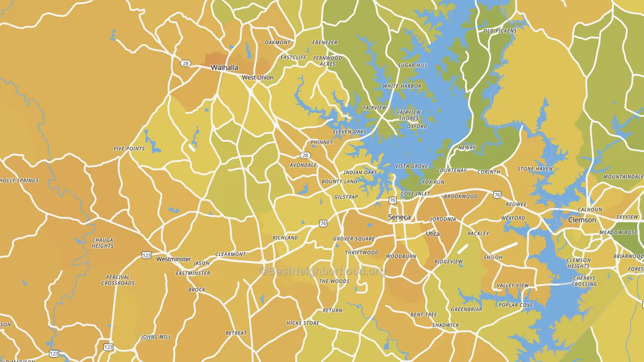 Map of the best neighborhoods in the Oconee County area, with better matches in green and worse matches in red