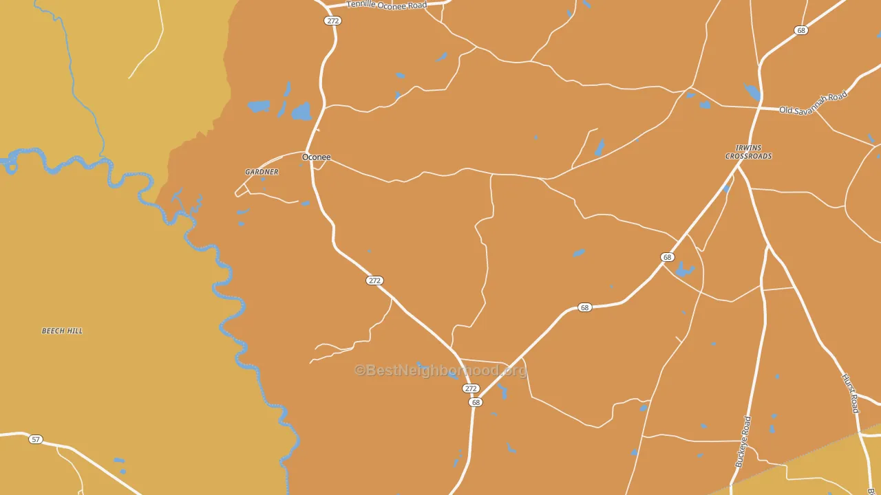 Map of the best neighborhoods in the Oconee area, with better matches in green and worse matches in red