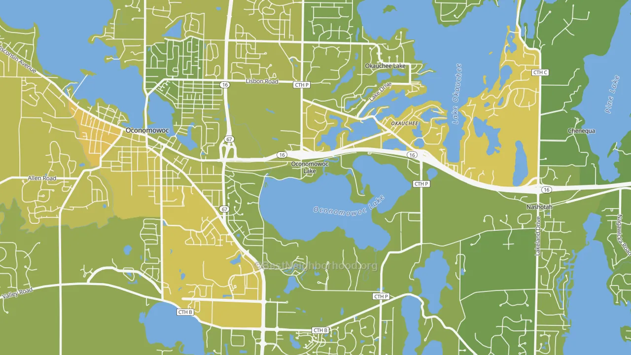 Map of the best neighborhoods in the Oconomowoc Lake area, with better matches in green and worse matches in red