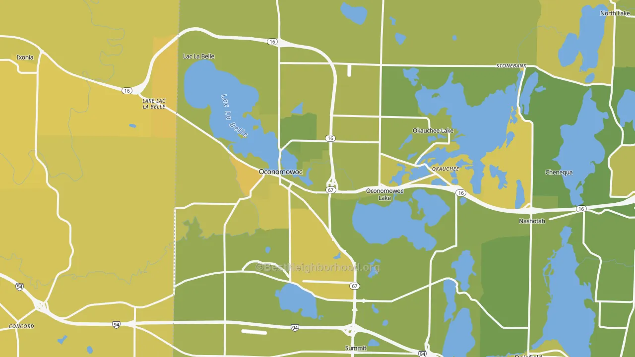 Map of the best neighborhoods in the Oconomowoc area, with better matches in green and worse matches in red