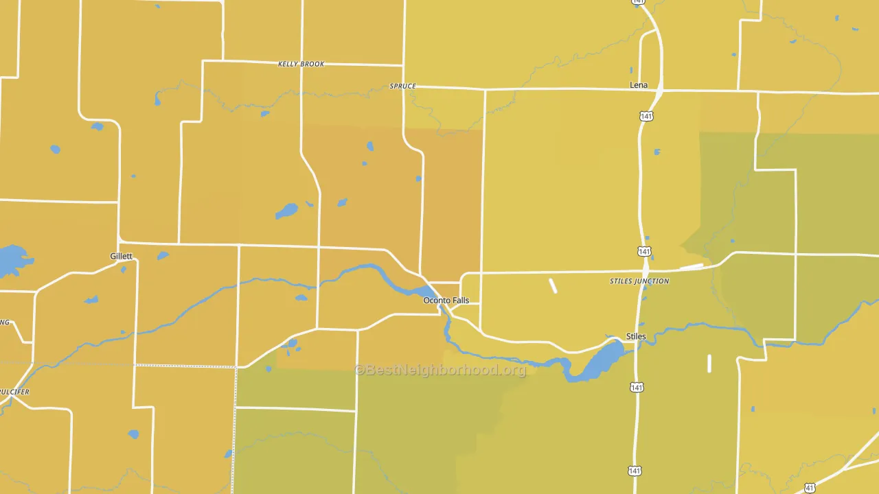 Map of the best neighborhoods in the Oconto County area, with better matches in green and worse matches in red