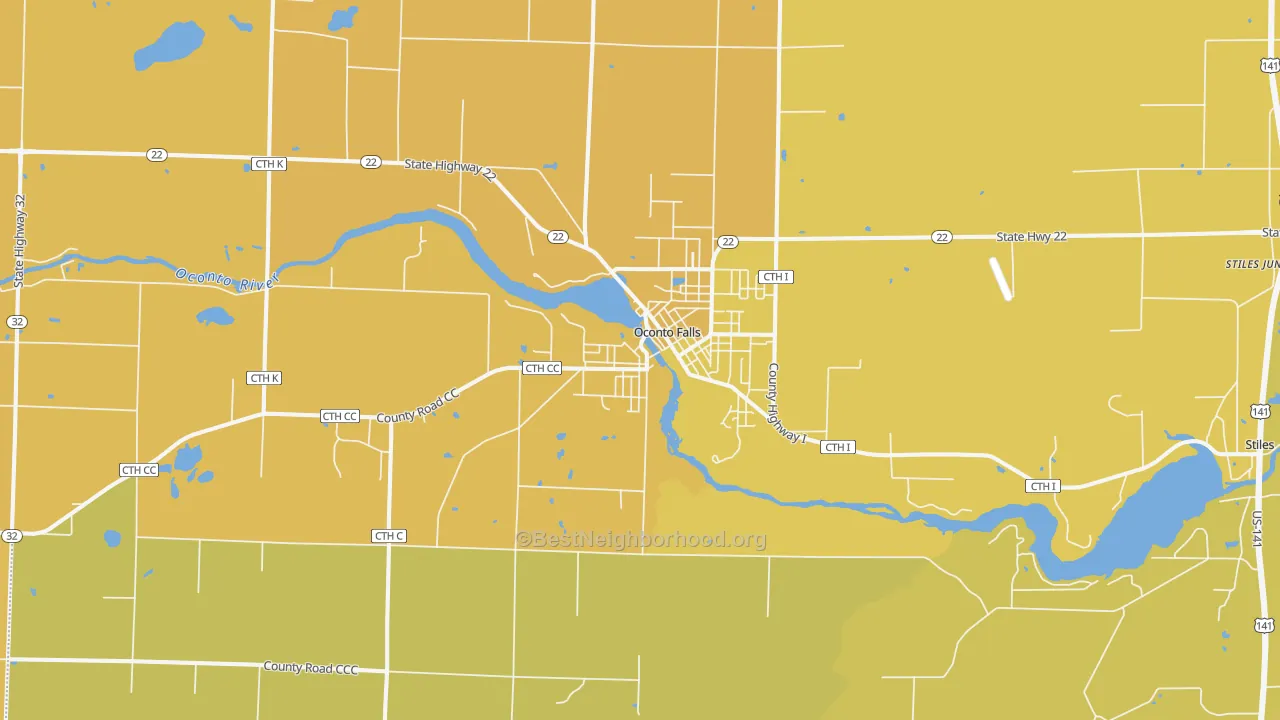 Map of the best neighborhoods in the Oconto Falls area, with better matches in green and worse matches in red
