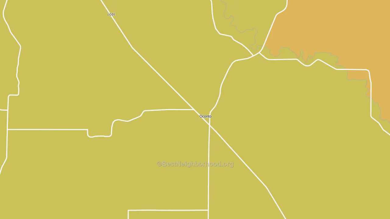 Map of the best neighborhoods in the Oconto area, with better matches in green and worse matches in red