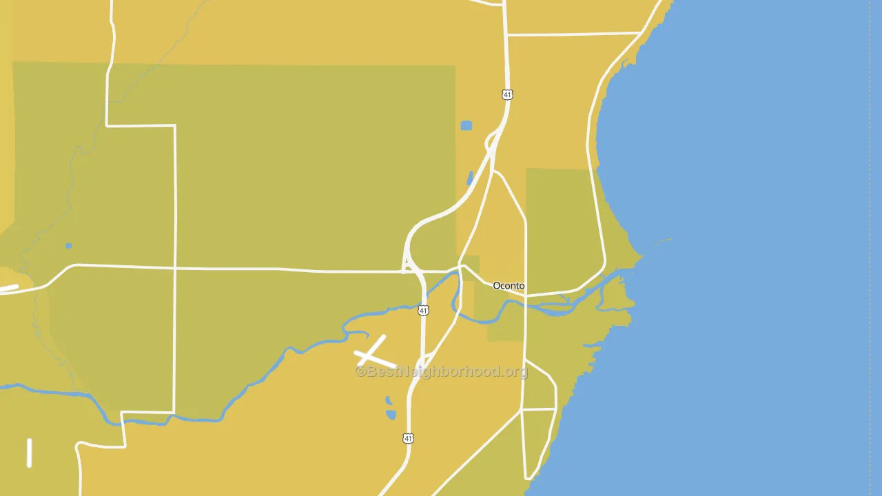 Map of the best neighborhoods in the Oconto area, with better matches in green and worse matches in red
