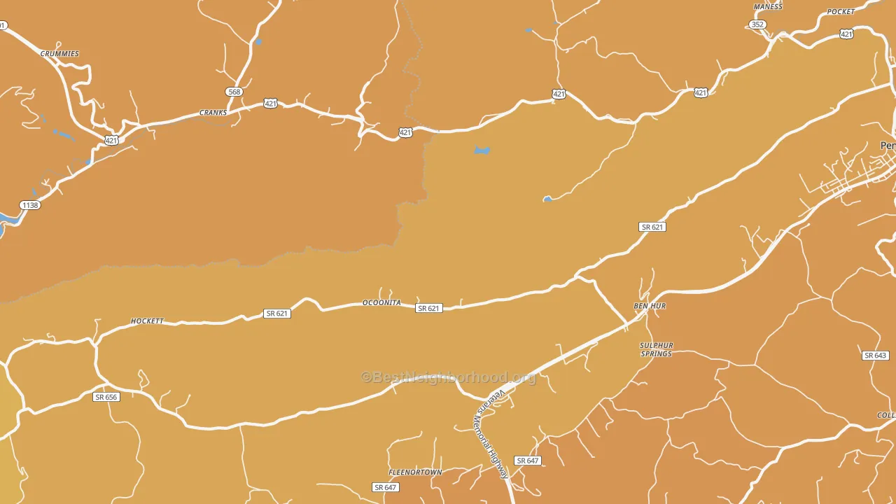 Map of the best neighborhoods in the Ocoonita area, with better matches in green and worse matches in red