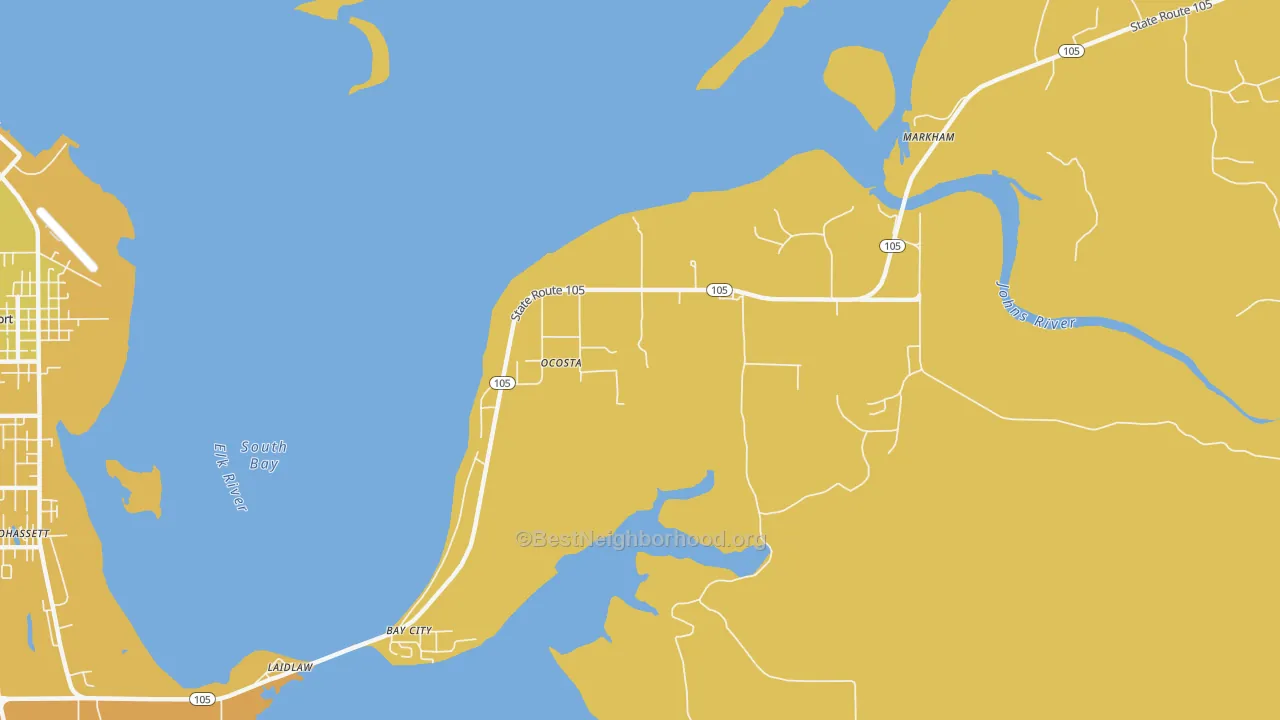 Map of the best neighborhoods in the Ocosta area, with better matches in green and worse matches in red