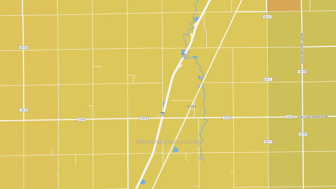Map of the best neighborhoods in the Ocoya area, with better matches in green and worse matches in red