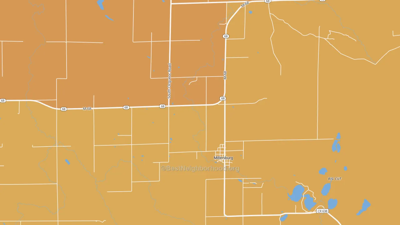 Map of the best neighborhoods in the Ocqueoc area, with better matches in green and worse matches in red