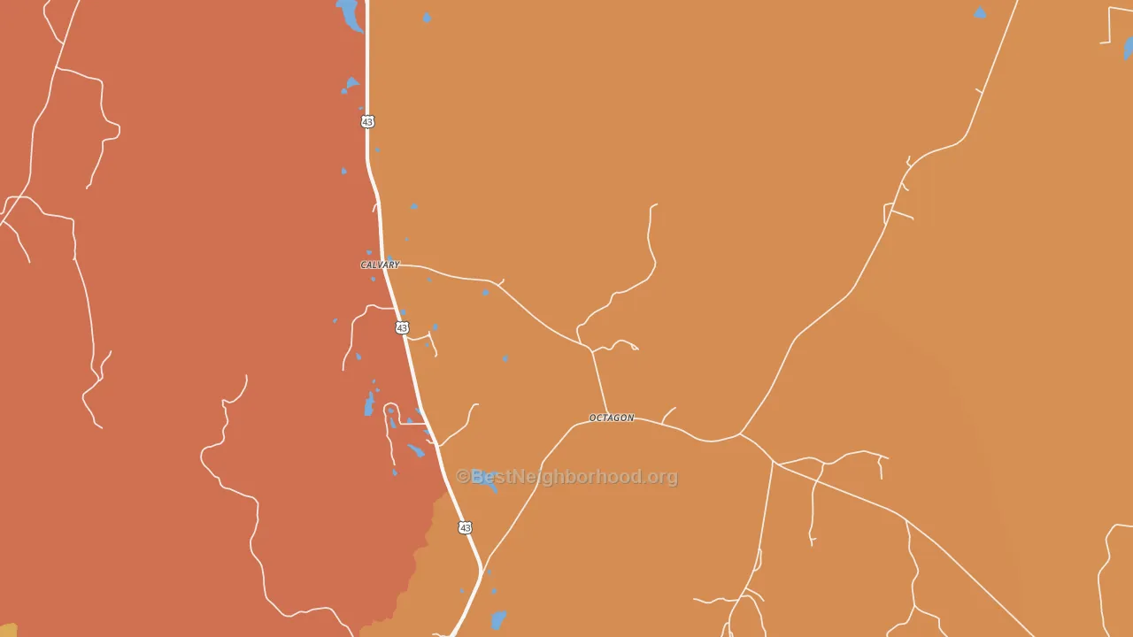 Map of the best neighborhoods in the Octagon area, with better matches in green and worse matches in red