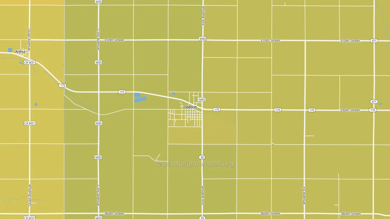 Map of the best neighborhoods in the Odebolt area, with better matches in green and worse matches in red