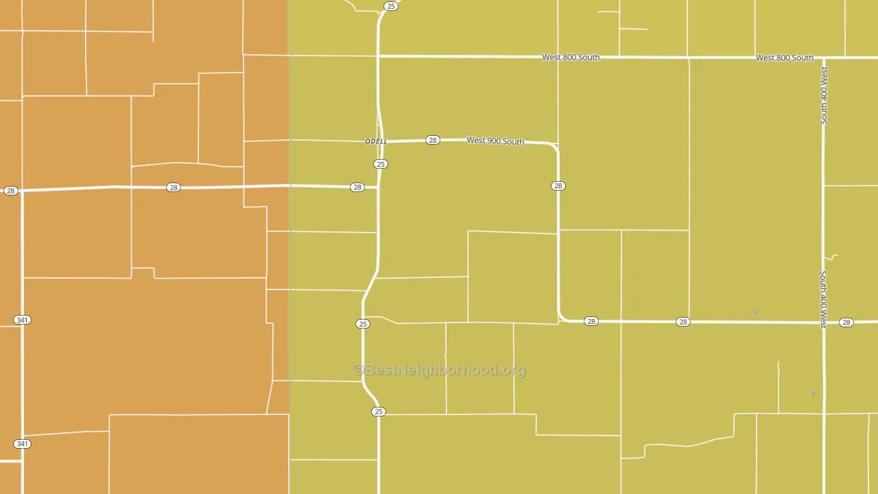Map of the best neighborhoods in the Odell area, with better matches in green and worse matches in red