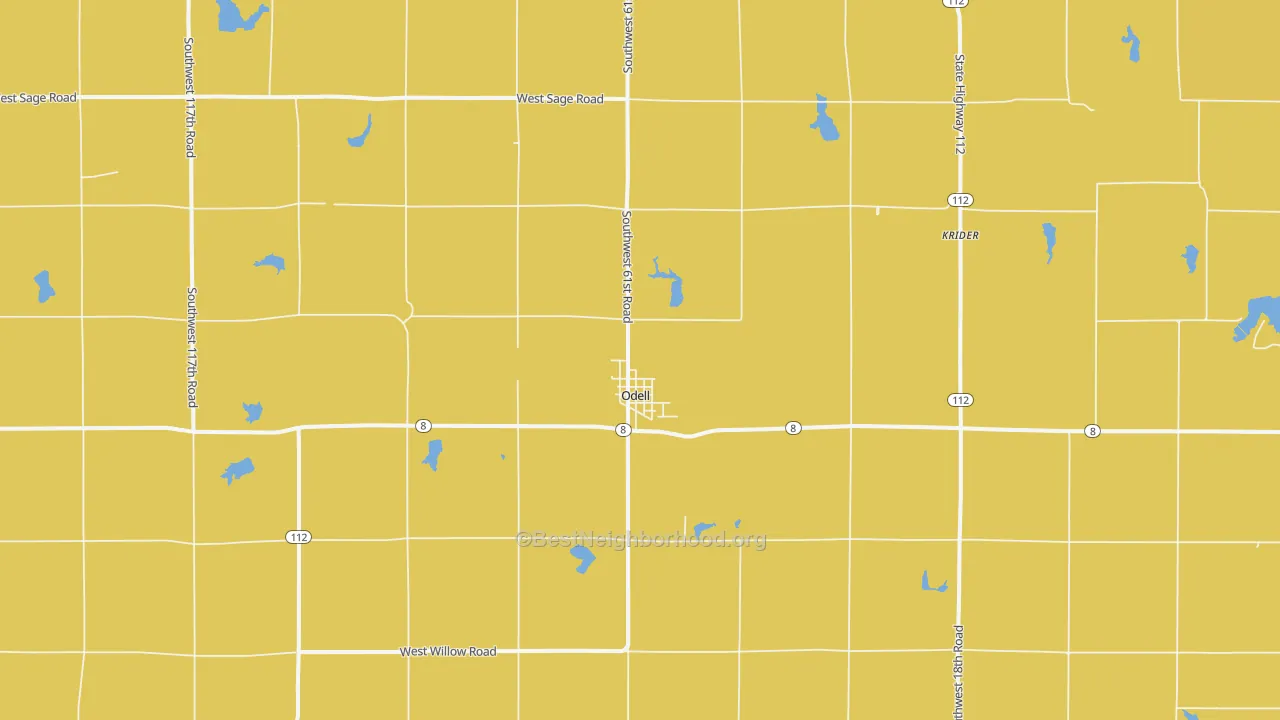 Map of the best neighborhoods in the Odell area, with better matches in green and worse matches in red