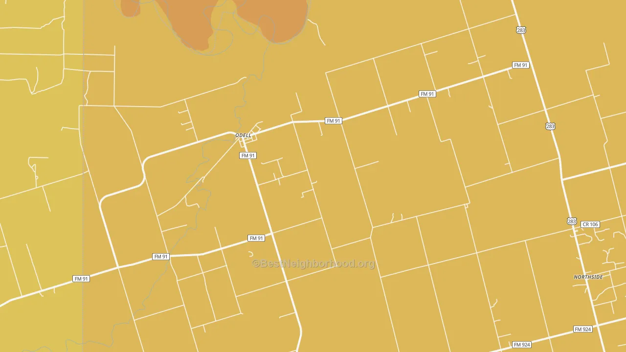 Map of the best neighborhoods in the Odell area, with better matches in green and worse matches in red