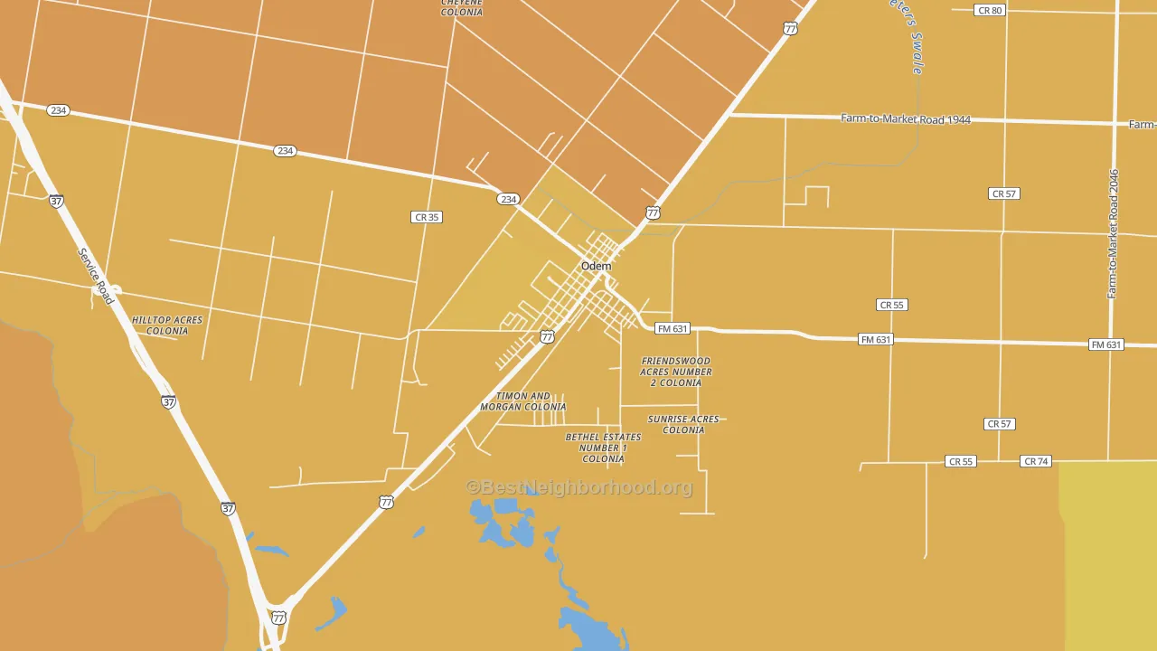 Map of the best neighborhoods in the Odem area, with better matches in green and worse matches in red