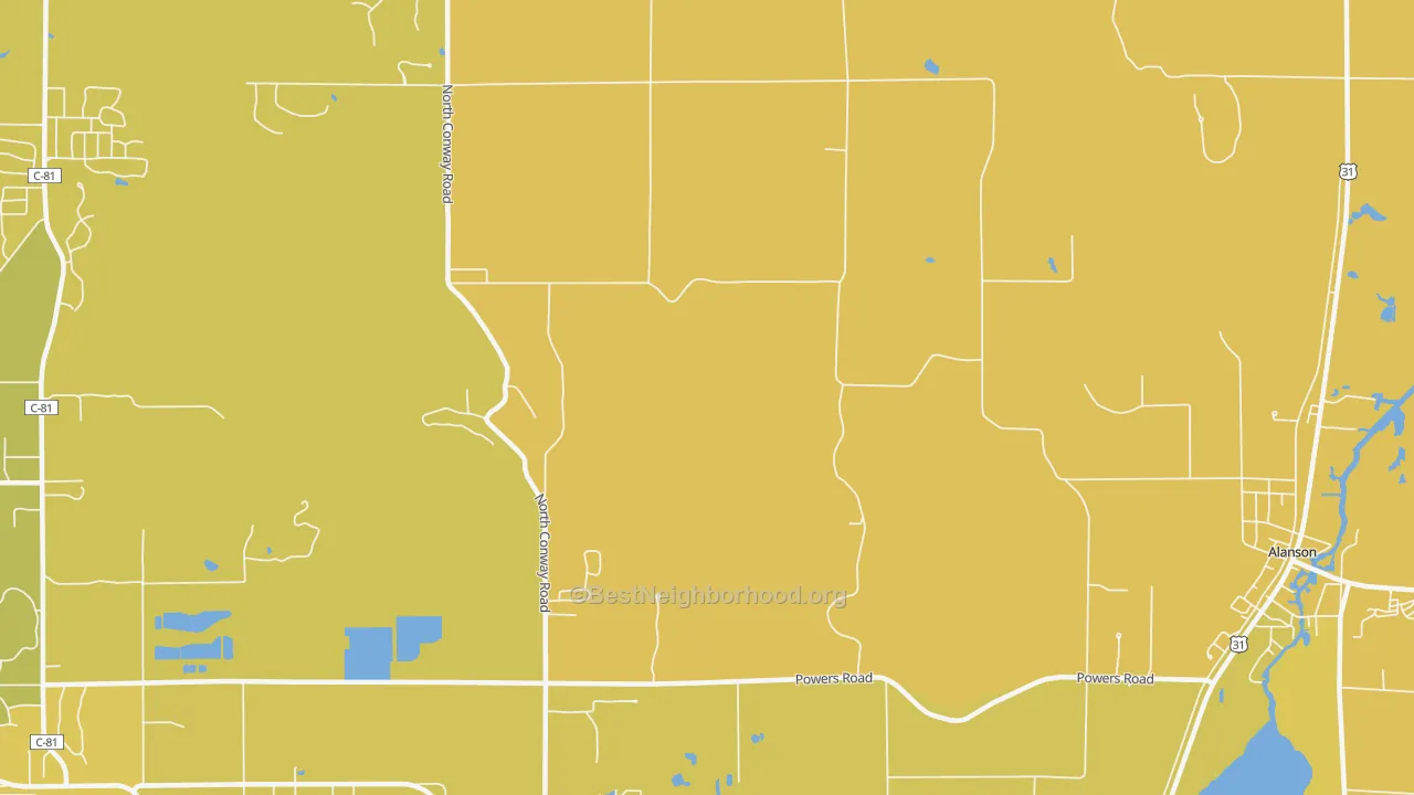 Map of the best neighborhoods in the Oden area, with better matches in green and worse matches in red