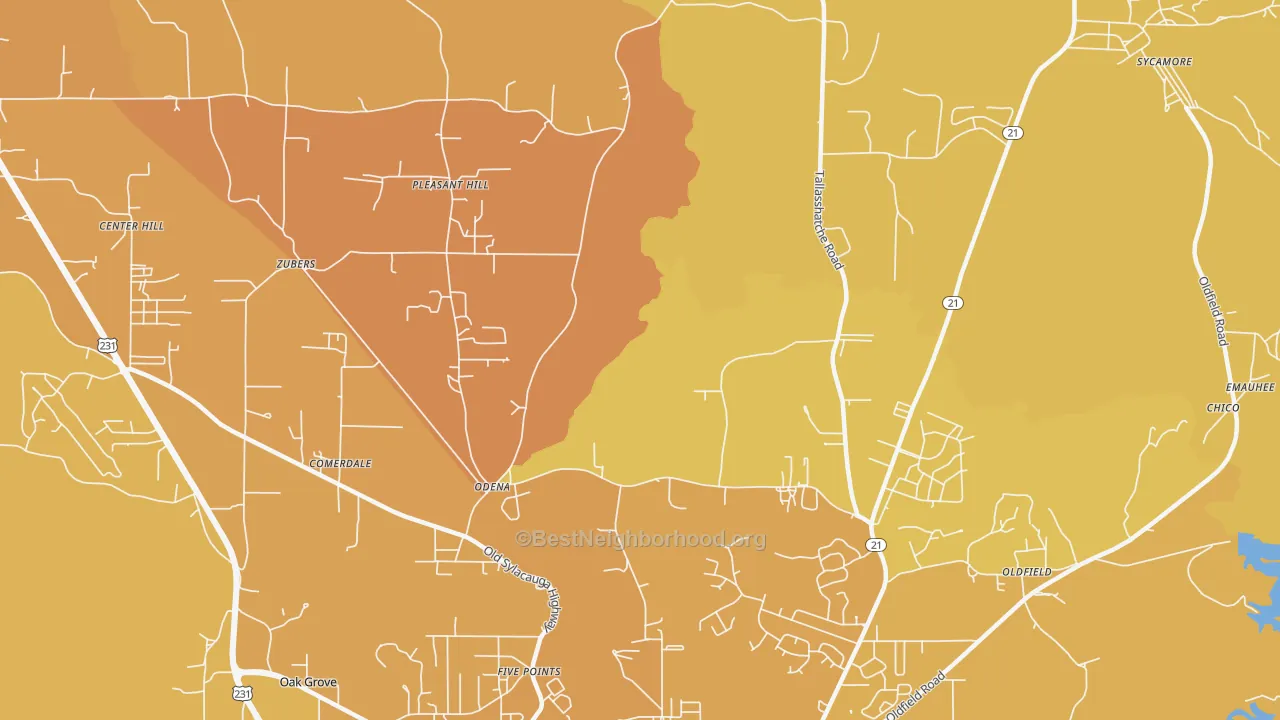 Map of the best neighborhoods in the Odena area, with better matches in green and worse matches in red