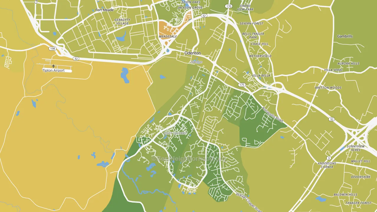 Map of the best neighborhoods in the Odenton area, with better matches in green and worse matches in red