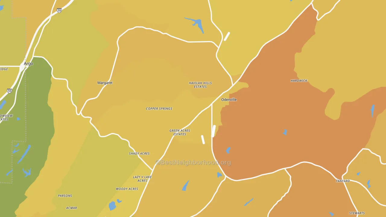 Map of the best neighborhoods in the Odenville area, with better matches in green and worse matches in red