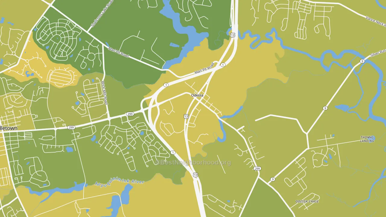 Map of the best neighborhoods in the Odessa area, with better matches in green and worse matches in red