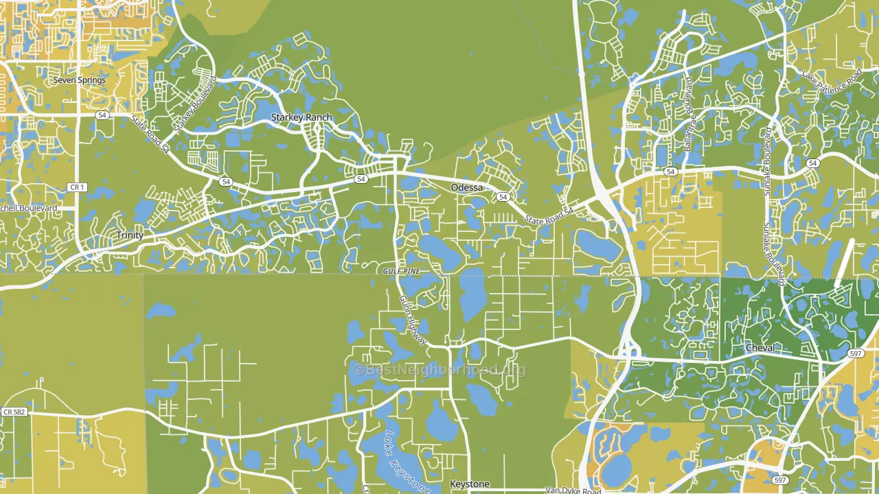 Map of the best neighborhoods in the Odessa area, with better matches in green and worse matches in red