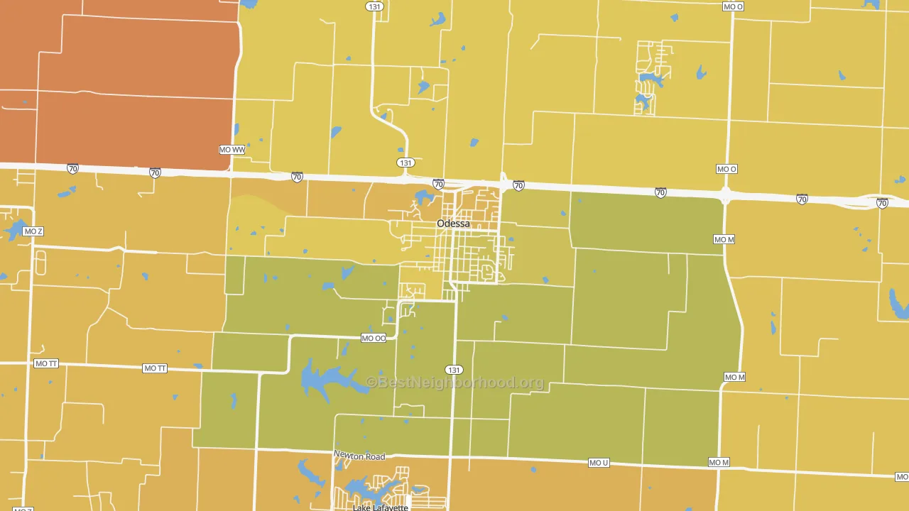 Map of the best neighborhoods in the Odessa area, with better matches in green and worse matches in red