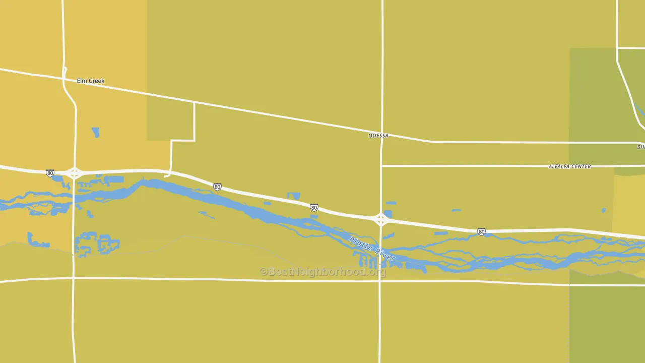 Map of the best neighborhoods in the Odessa area, with better matches in green and worse matches in red