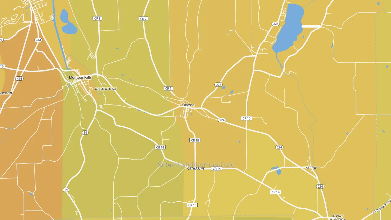 Map of the best neighborhoods in the Odessa area, with better matches in green and worse matches in red