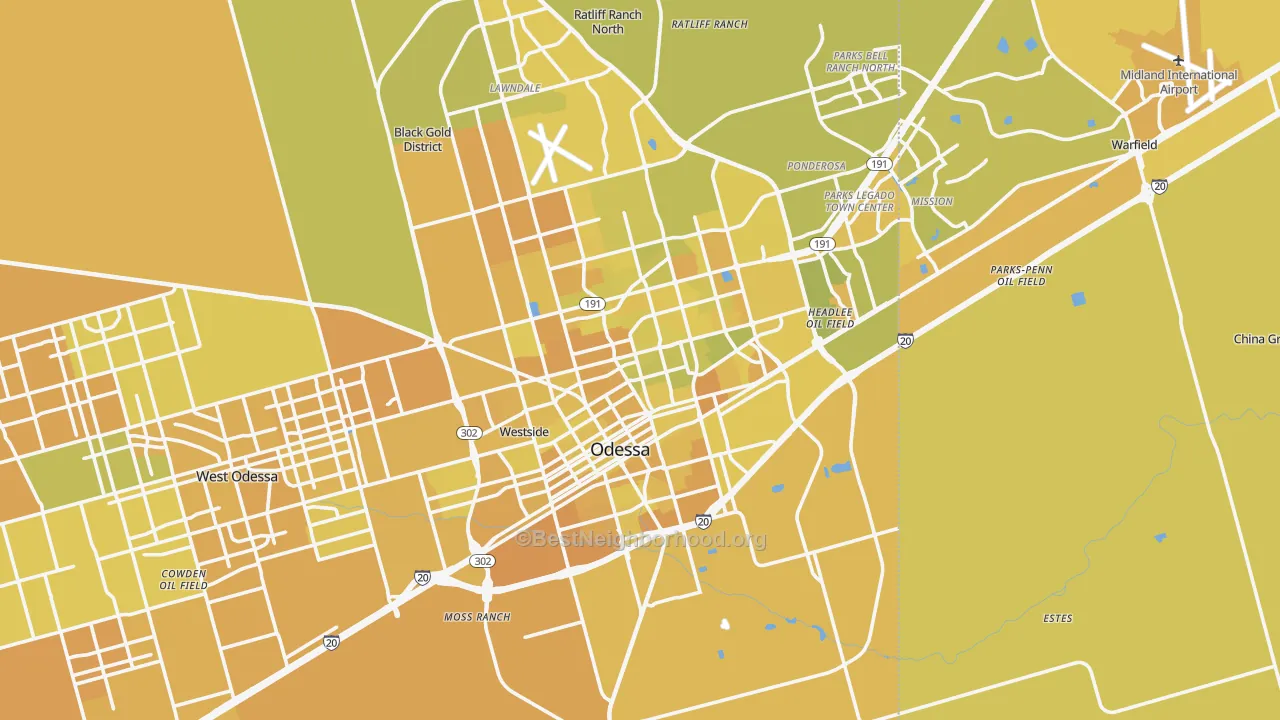 Map of the best neighborhoods in the Odessa Metro area, with better matches in green and worse matches in red