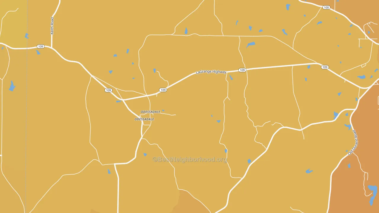Map of the best neighborhoods in the Odessadale area, with better matches in green and worse matches in red