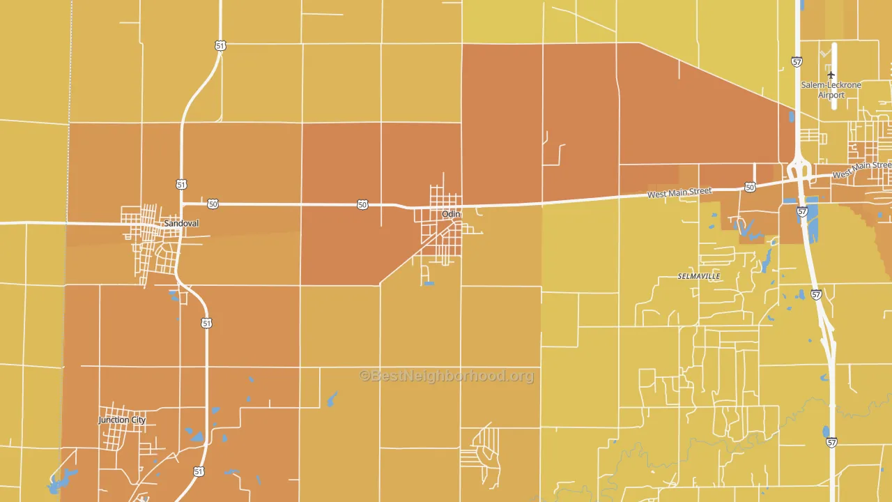 Map of the best neighborhoods in the Odin area, with better matches in green and worse matches in red