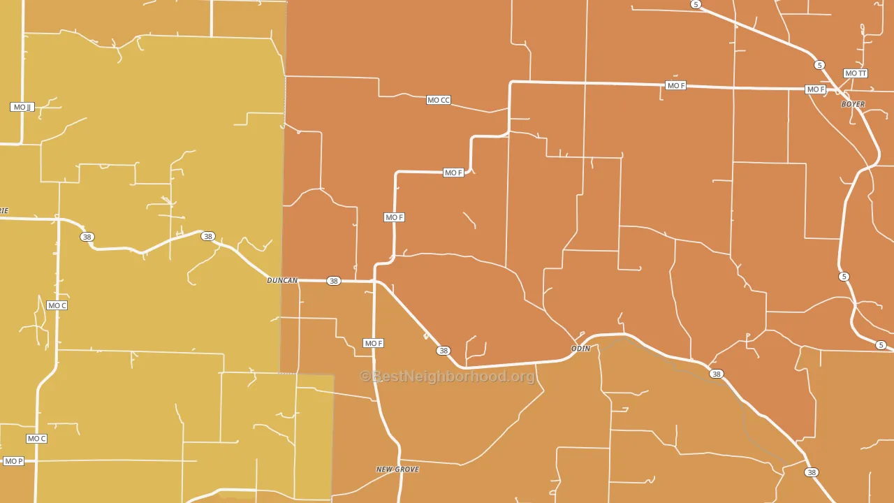Map of the best neighborhoods in the Odin area, with better matches in green and worse matches in red