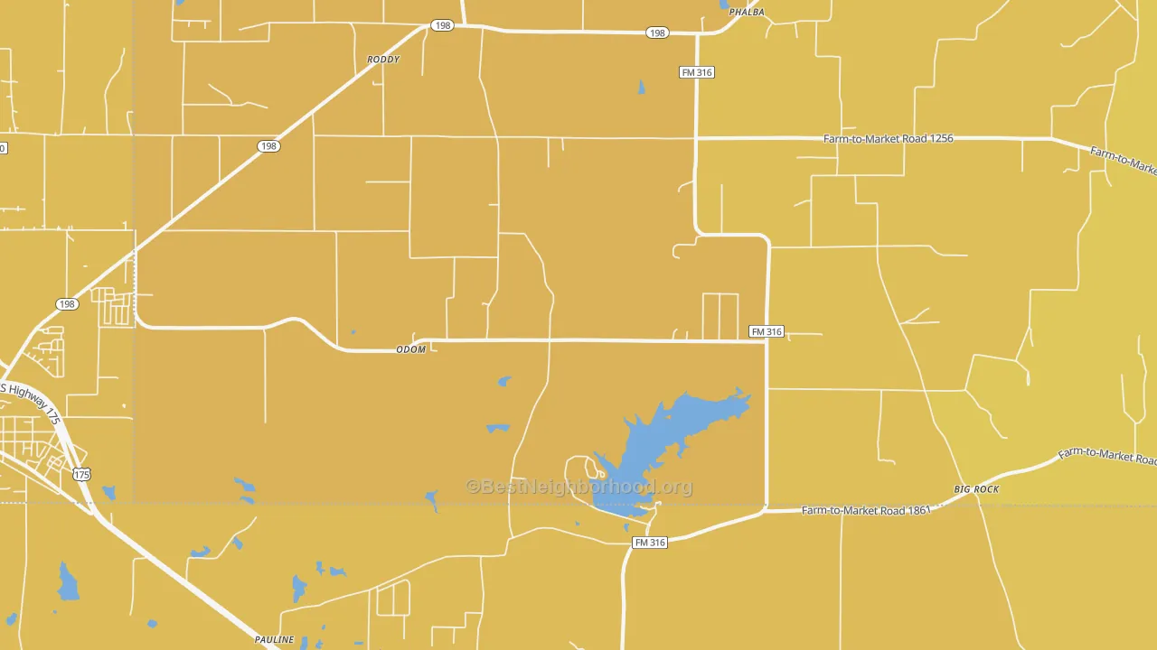 Map of the best neighborhoods in the Odom area, with better matches in green and worse matches in red