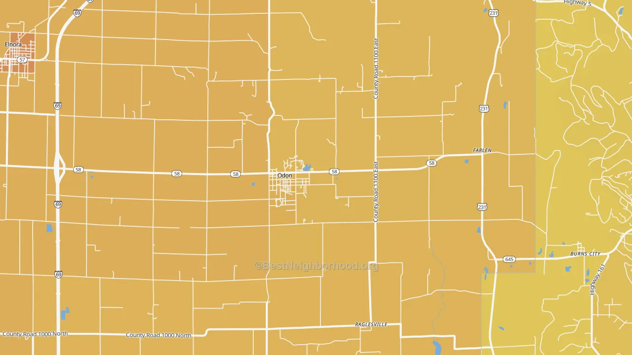 Map of the best neighborhoods in the Odon area, with better matches in green and worse matches in red