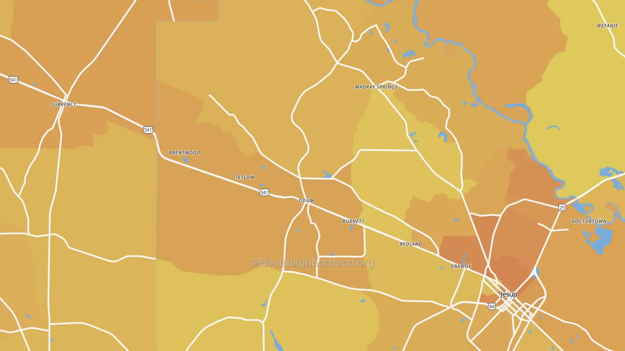 Map of the best neighborhoods in the Odum area, with better matches in green and worse matches in red