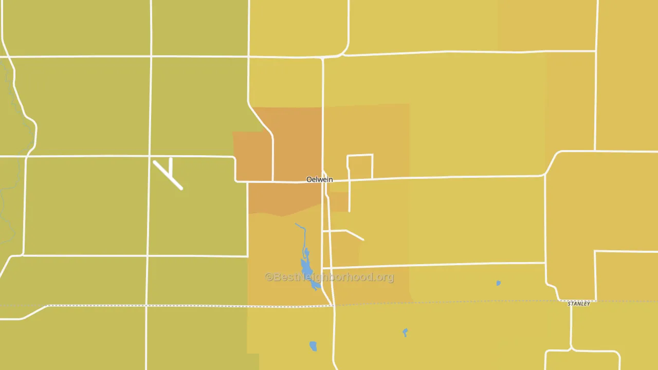 Map of the best neighborhoods in the Oelwein area, with better matches in green and worse matches in red