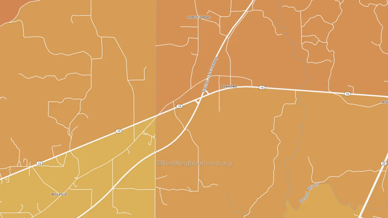 Map of the best neighborhoods in the Ofahoma area, with better matches in green and worse matches in red